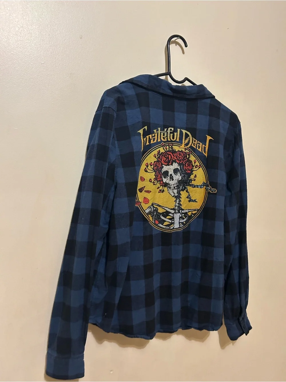 Grateful Dead Blue & Black Plaid flannel shirt with Skull Back Graphic Sz L